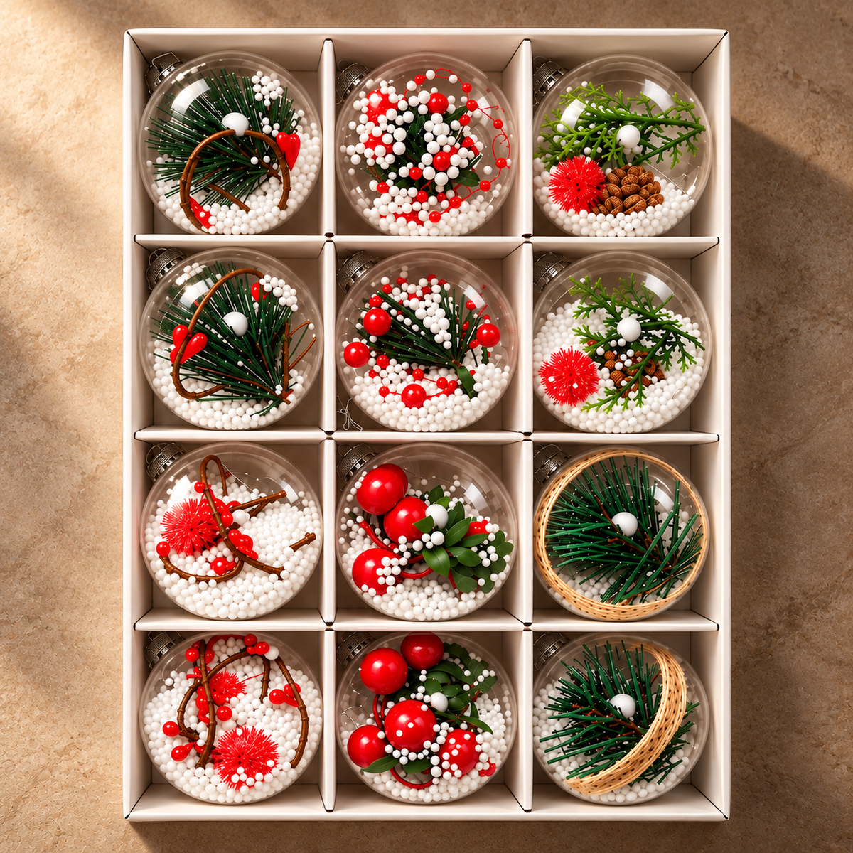 Clear Filled Christmas Baubles with Pine & Berries – 12pcs, 6cm