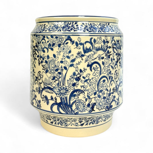 Ceramic Round with Curve Base White with Blue Motif