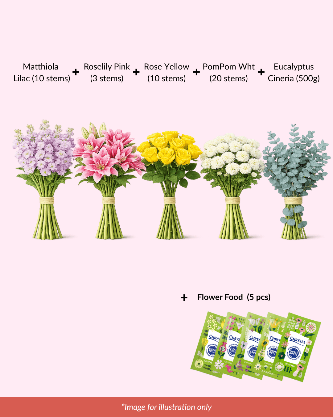 FCMMD14 - Roselily, Matthiola, Rose, Pom Pom, Eucalyptus & Flower Food