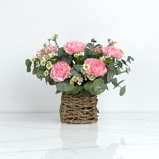 Front view of Sweet Whisper flower basket featuring soft pink carnations and fresh chamomile in a small, charming arrangement.