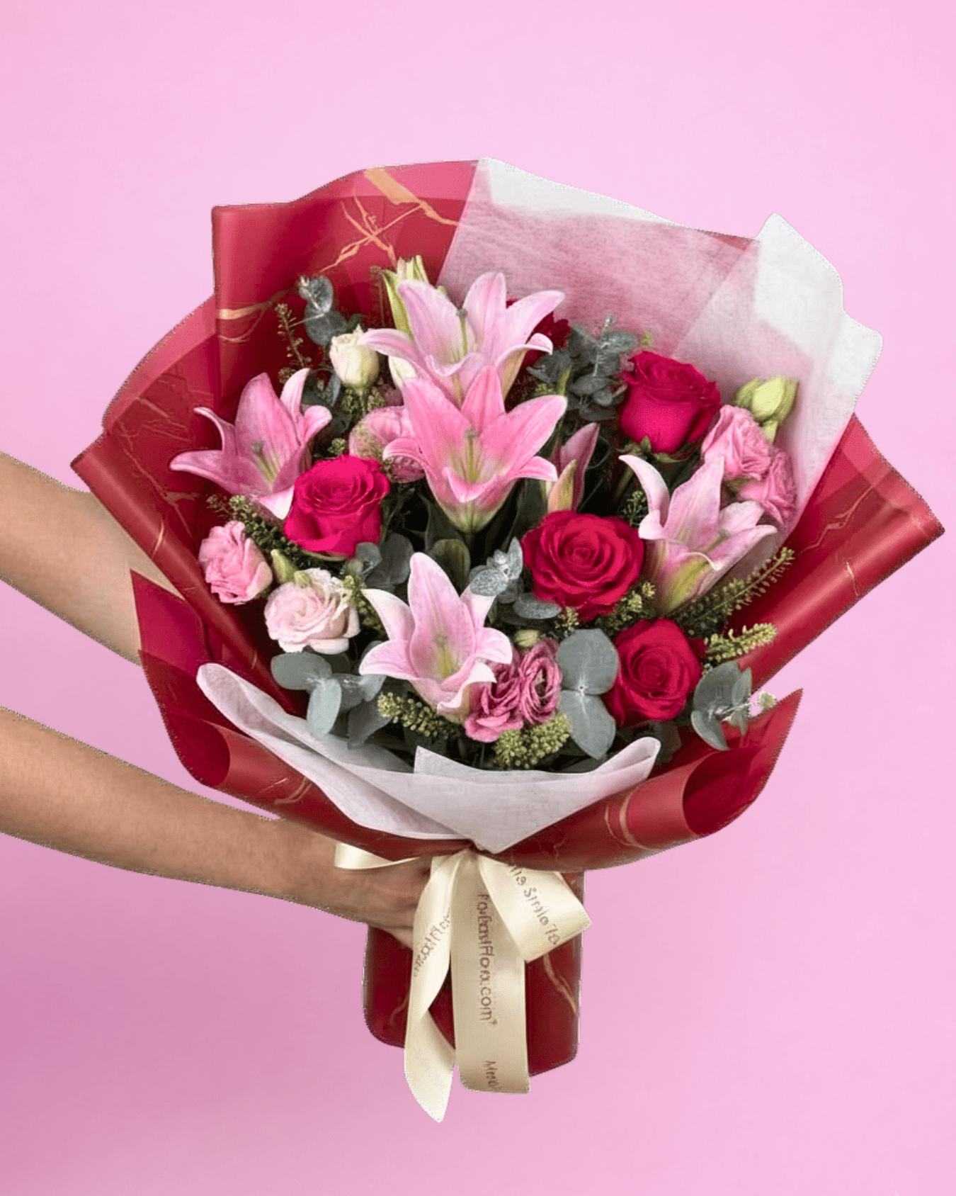 MD16 | Understanding Heart - Triple Lily Shocking Pink Rose Bouquet