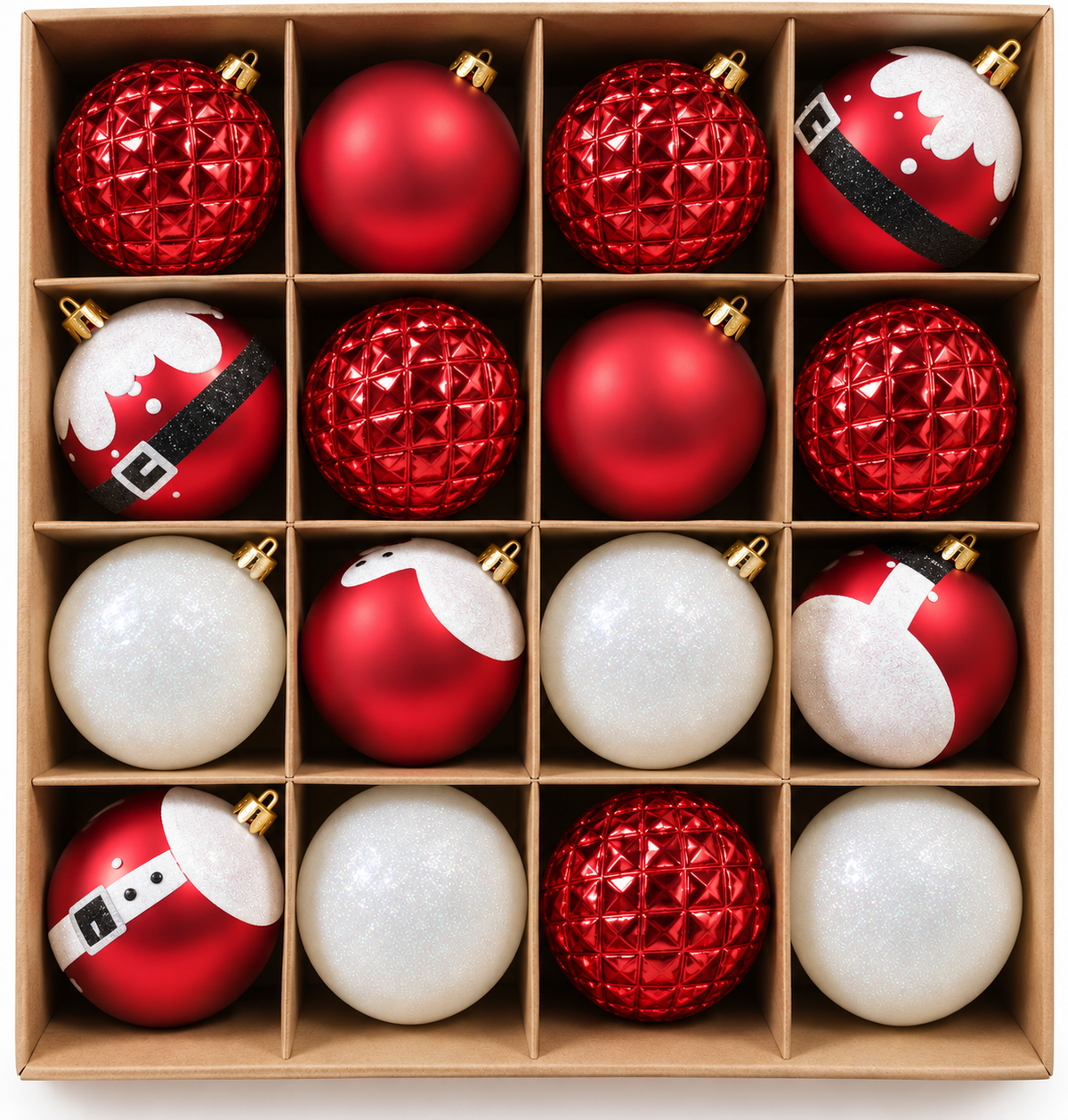 Red/White Santa Xmas Baubles & Ornaments – 16pcs, 6cm