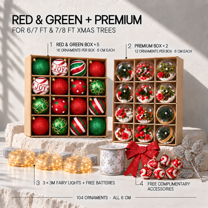 Xmas Tree Deco  Set – 104 Ornaments + 3 Fairy Lights (w battery)+ Free Complimentary Accesories