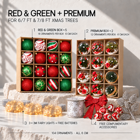 Xmas Tree Deco  Set – 104 Ornaments + 3 Fairy Lights (w battery)+ Free Complimentary Accesories