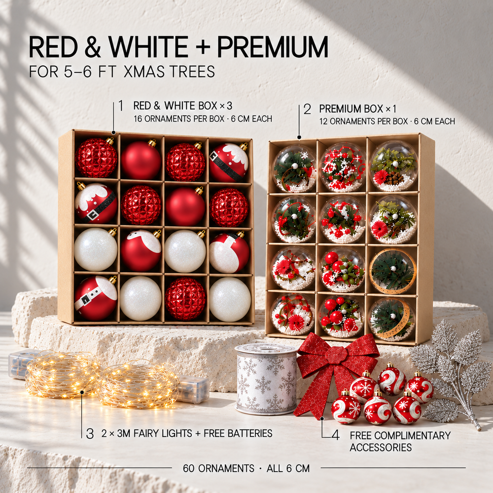 Xmas Tree Deco  Set – 60 Ornaments + 2 Fairy Lights (w battery)+ Free Complimentary Accesories