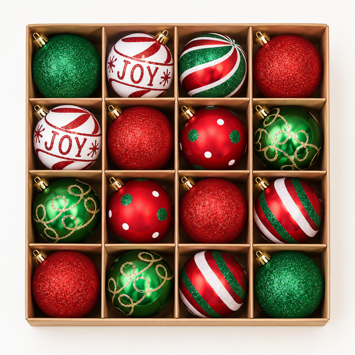 Red/Green Xmas Baubles & Tree Ornaments – 16pcs, 6cm