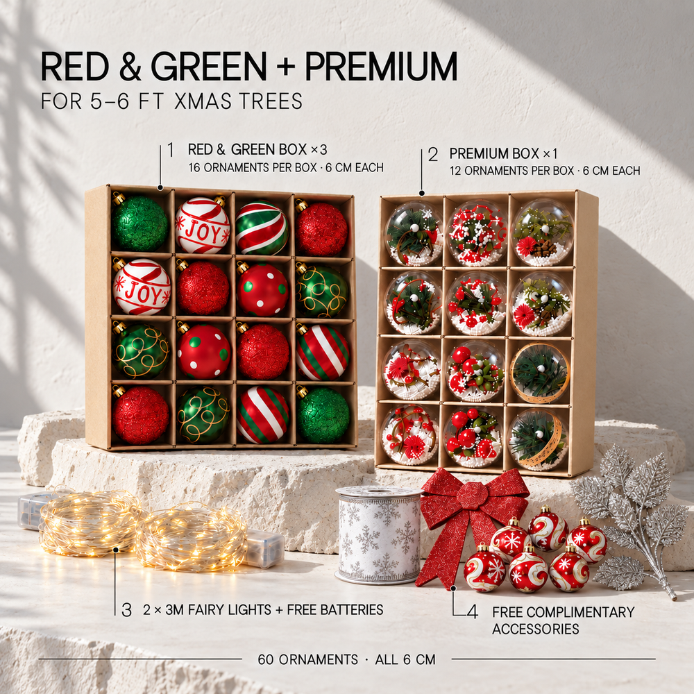 Xmas Tree Deco  Set – 60 Ornaments + 2 Fairy Lights (w battery)+ Free Complimentary Accesories