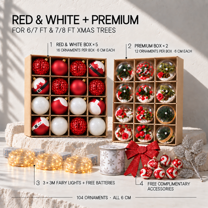 Xmas Tree Deco  Set – 104 Ornaments + 3 Fairy Lights (w battery)+ Free Complimentary Accesories