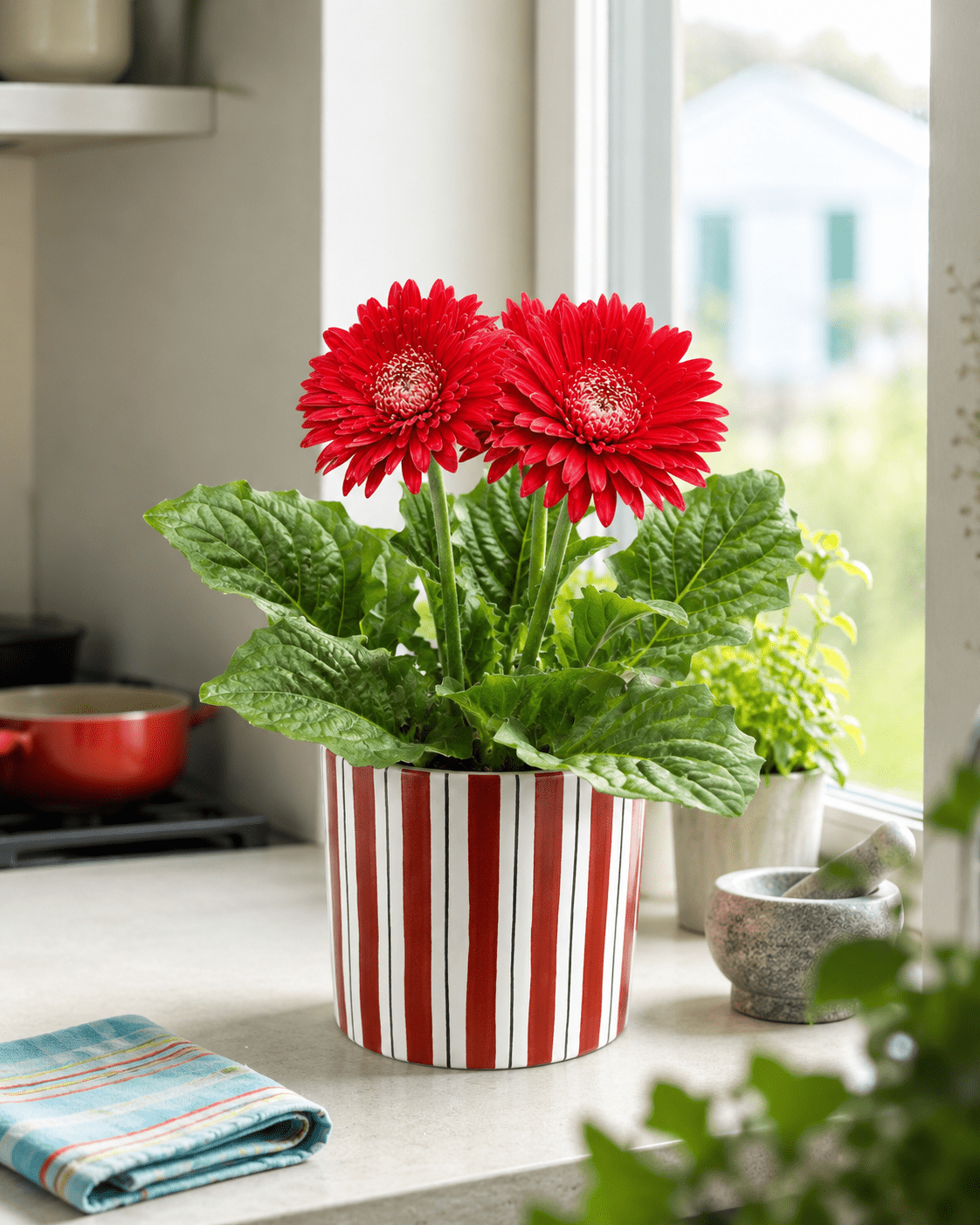 Daisy Mix Arrangement - Dark Red Ceramic Pot