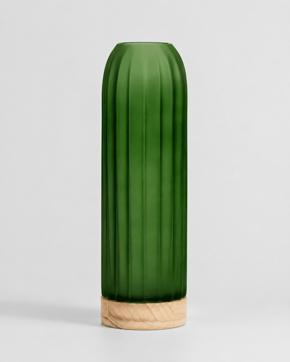 Glass Vase Frosted Green with Wooden Base