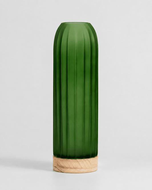 Glass Vase Frosted Green with Wooden Base