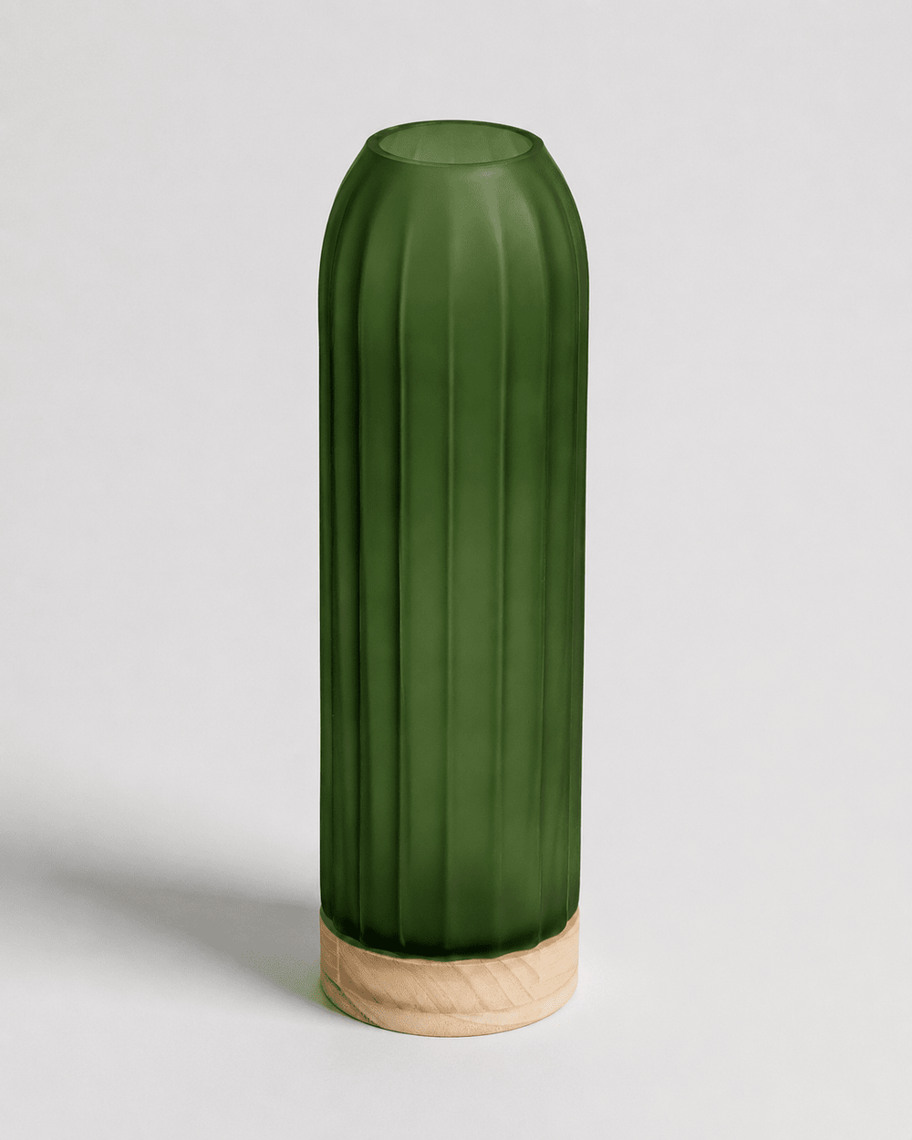 Glass Vase Frosted Green with Wooden Base