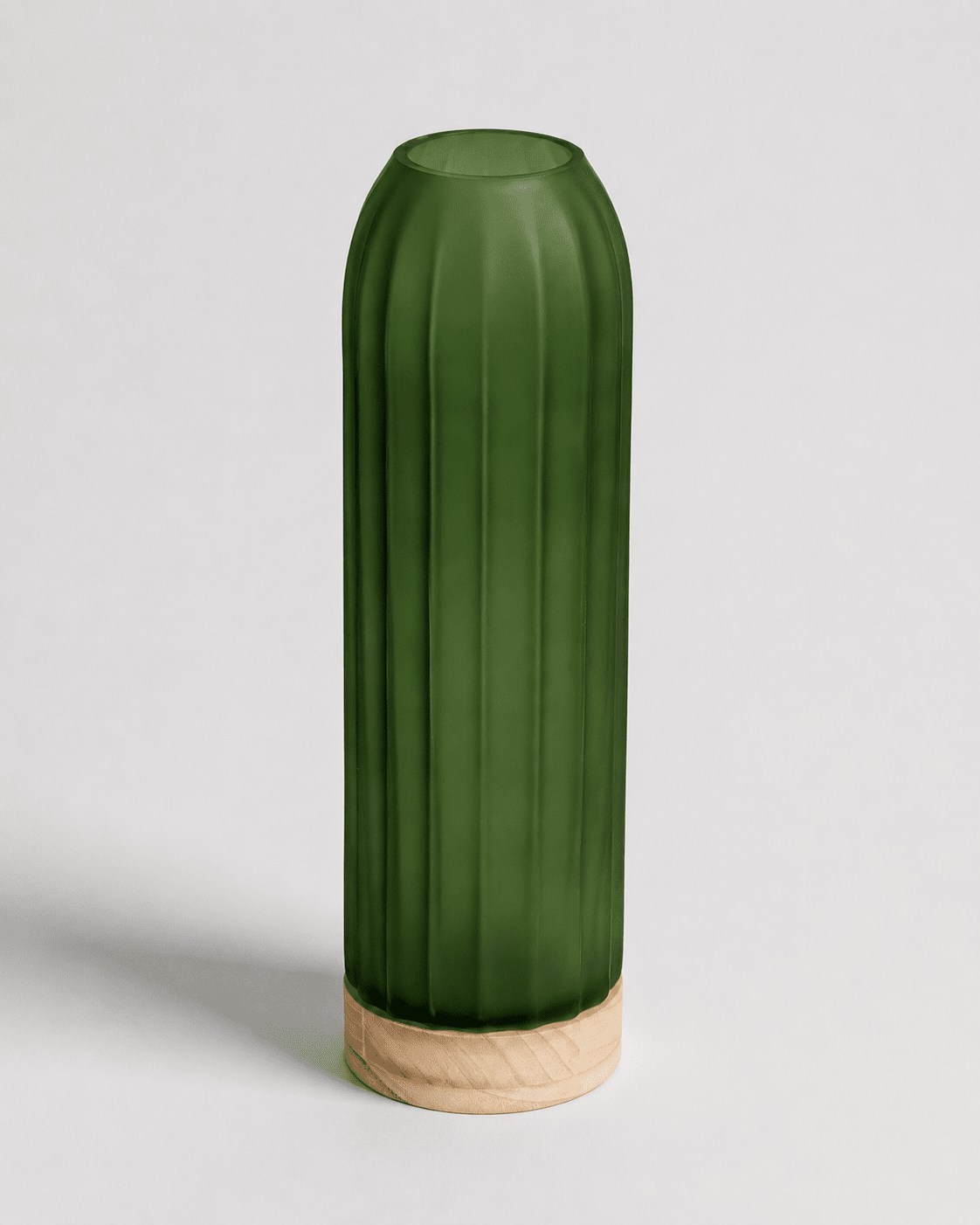 Glass Vase Frosted Green with Wooden Base