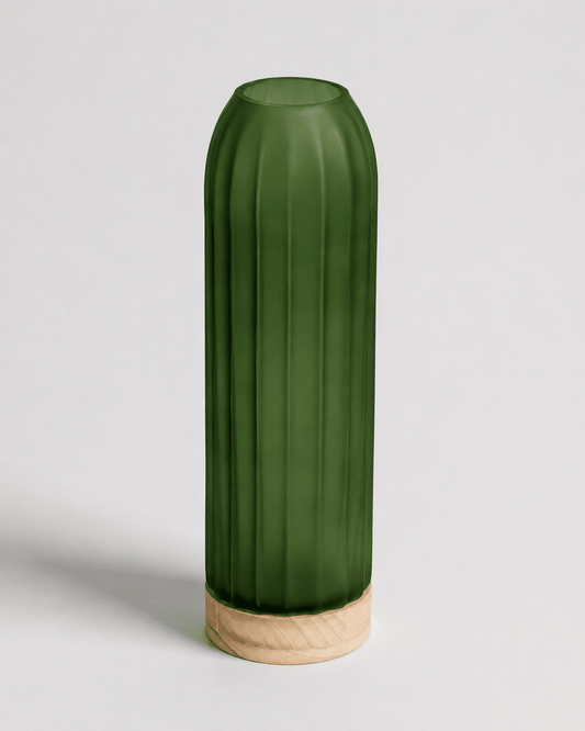 Glass Vase Frosted Green with Wooden Base