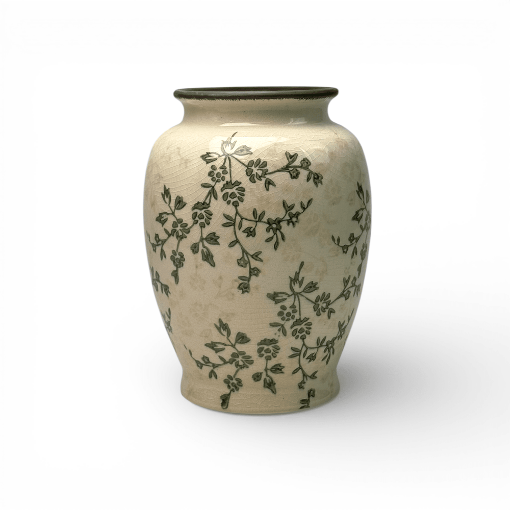 Ceramic Tall Curved White with Green and Yellow Motif