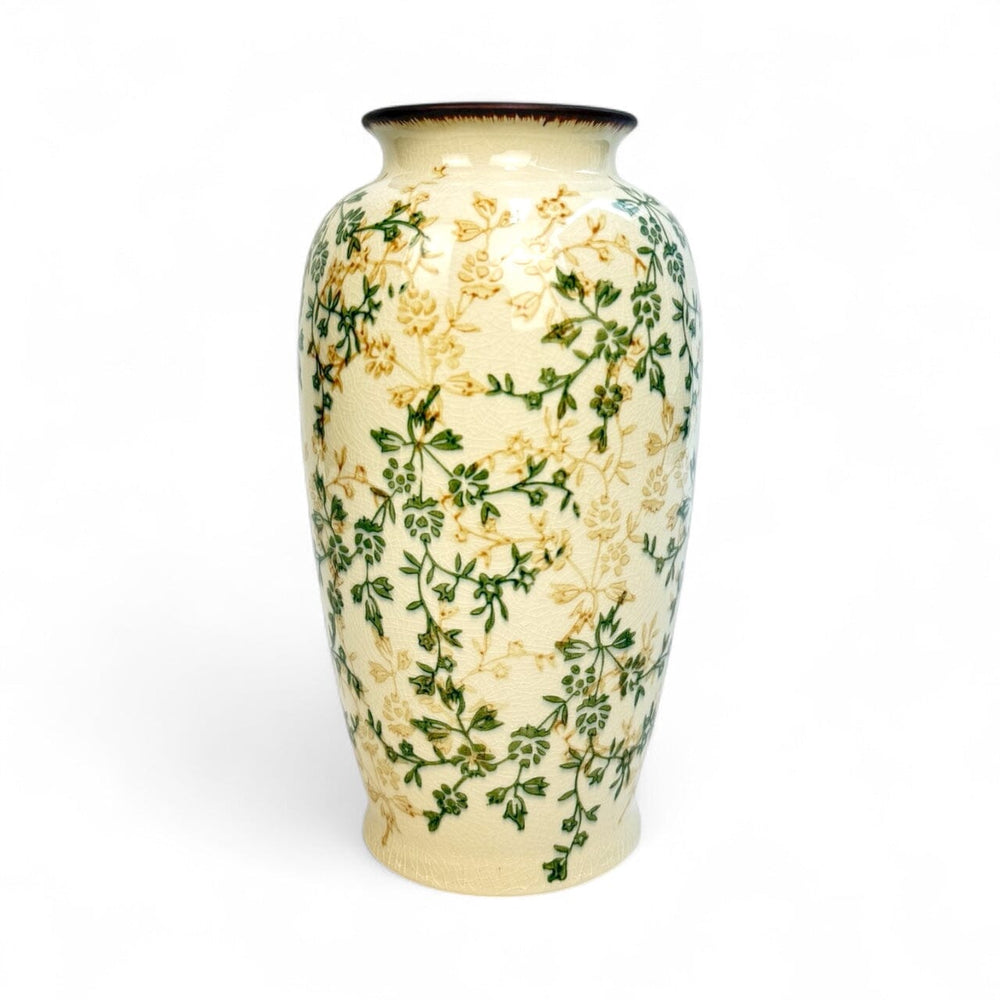 Ceramic Tall Curved White with Green and Yellow Motif