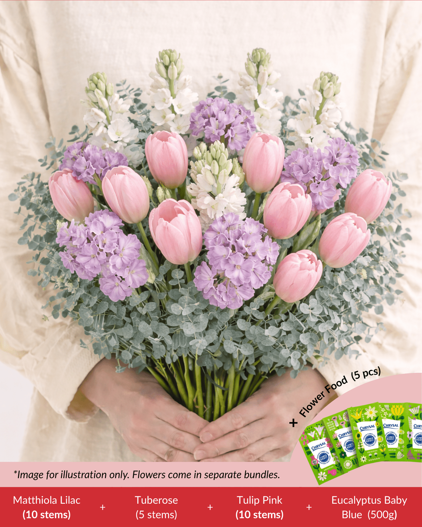 FCMMD13 - Tuberose, Matthiola, Tulip, Eucalyptus & Flower Food