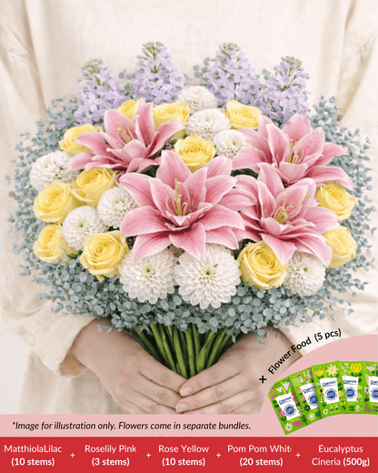 FCMMD14 - Roselily, Matthiola, Rose, Pom Pom,  Eucalyptus & Flower Food