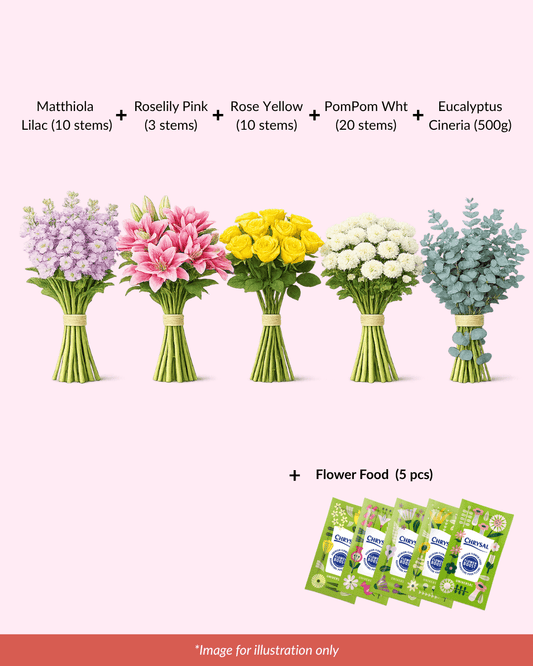 FCMMD14 - Roselily, Matthiola, Rose, Pom Pom,  Eucalyptus & Flower Food