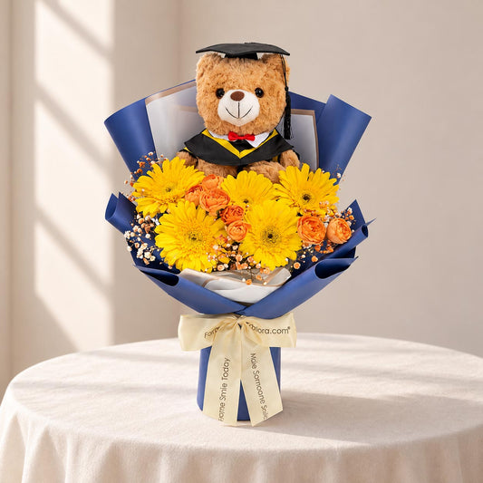 Golden Honours - Yellow Graduation Bouquet with Bear