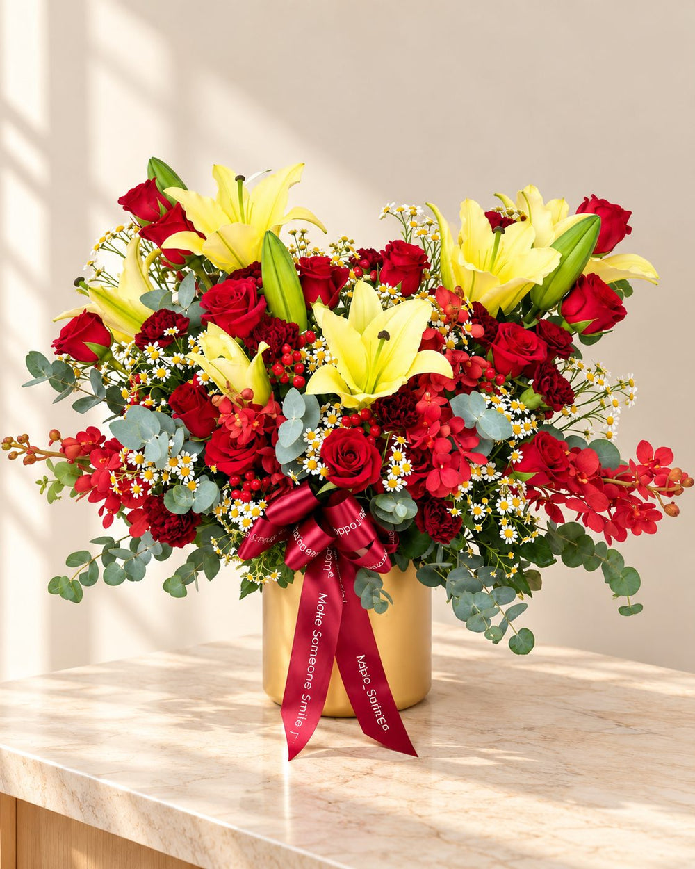 Crimson Glow - Red Rose & Lily Table Arrangement