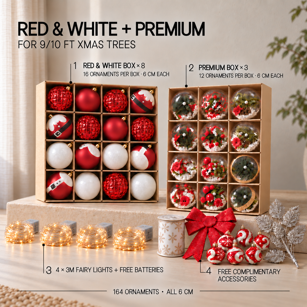 Xmas Tree Deco  Set – 164 Ornaments + 4 Fairy Lights (w battery)+ Free Complimentary Accesories