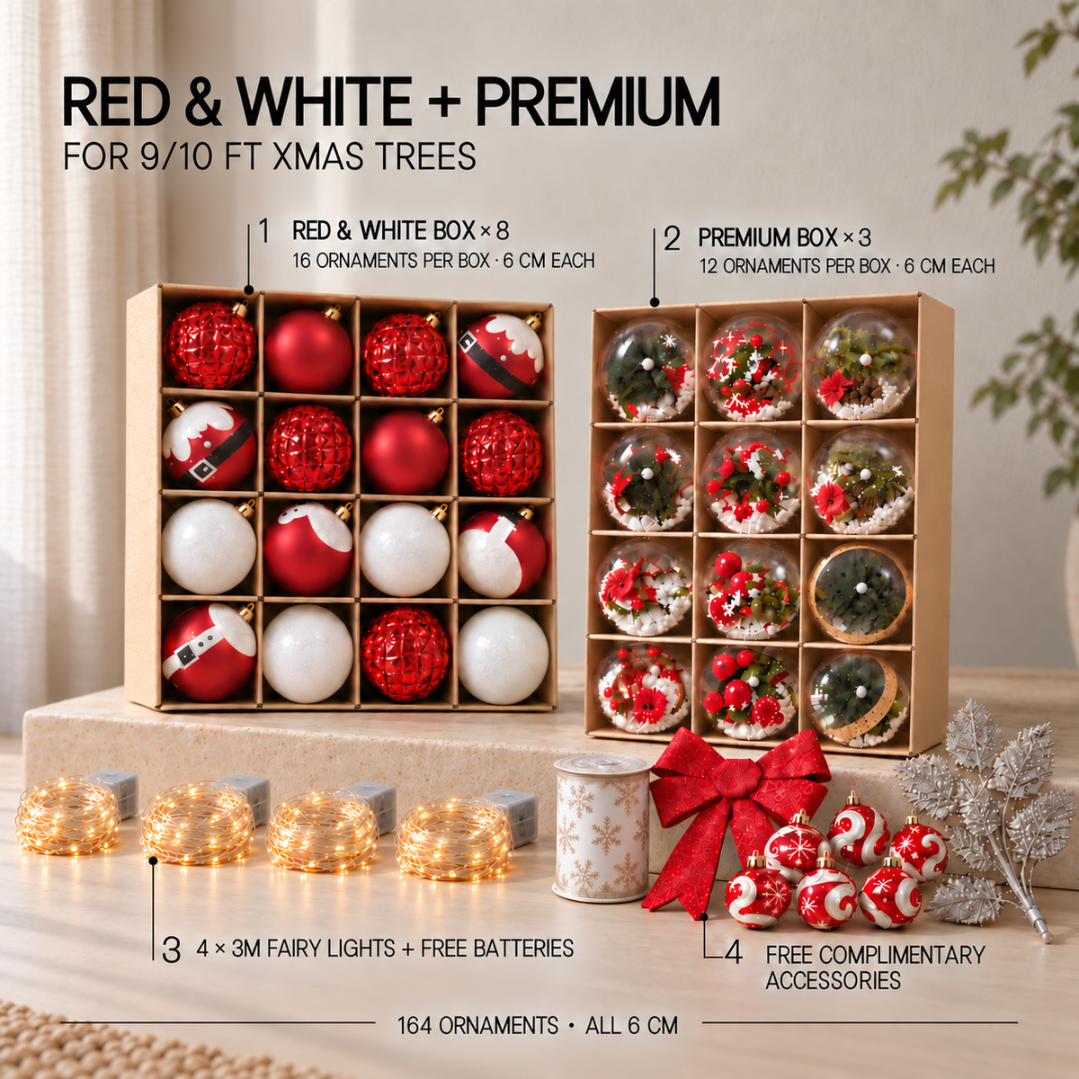 Xmas Tree Deco  Set – 164 Ornaments + 4 Fairy Lights (w battery)+ Free Complimentary Accesories