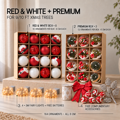 Xmas Tree Deco  Set – 164 Ornaments + 4 Fairy Lights (w battery)+ Free Complimentary Accesories