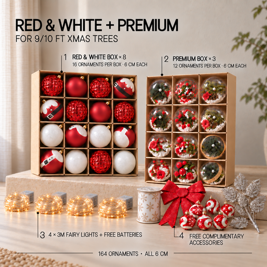 Xmas Tree Deco  Set – 164 Ornaments + 4 Fairy Lights (w battery)+ Free Complimentary Accesories