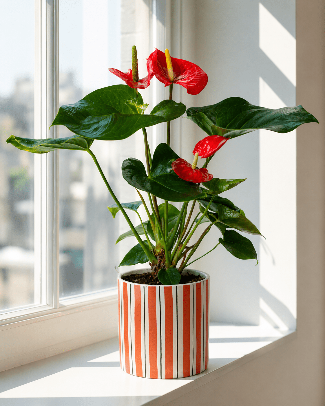 Red Anthurium Arrangement - Orange Ceramic Pot