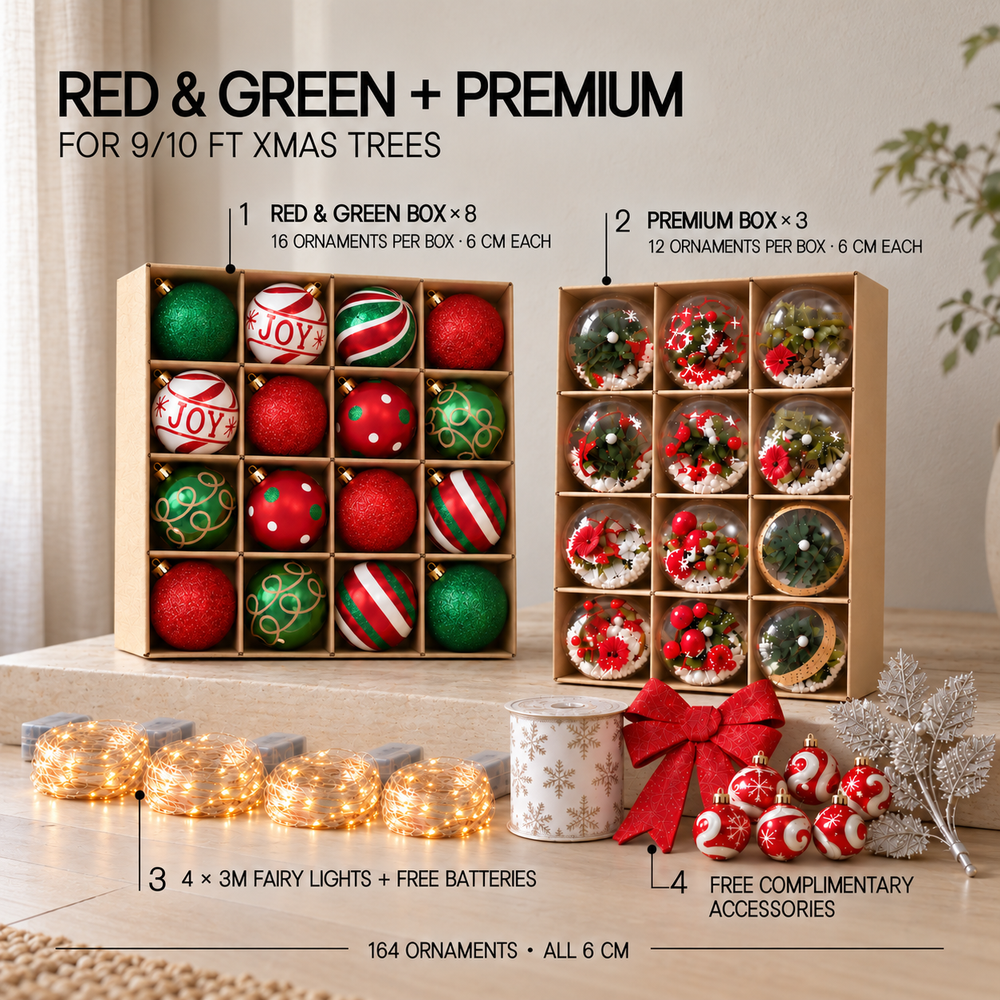 Xmas Tree Deco  Set – 164 Ornaments + 4 Fairy Lights (w battery)+ Free Complimentary Accesories