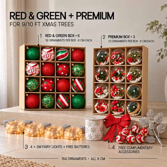 Xmas Tree Deco  Set – 164 Ornaments + 4 Fairy Lights (w battery)+ Free Complimentary Accesories